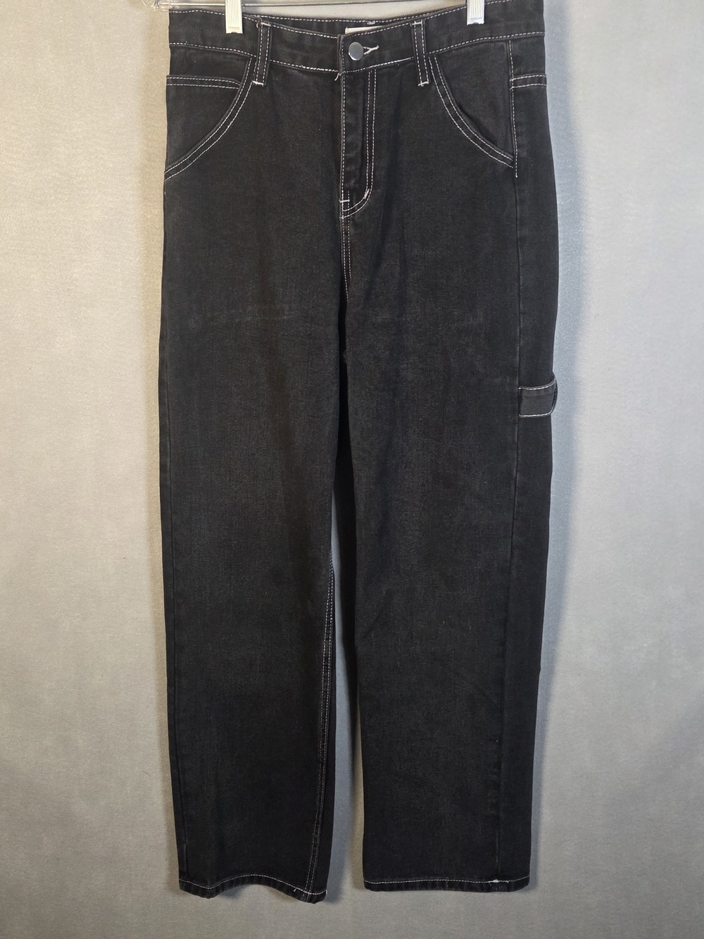 BK black denim cargo jeans with white contrast stitching (O653)